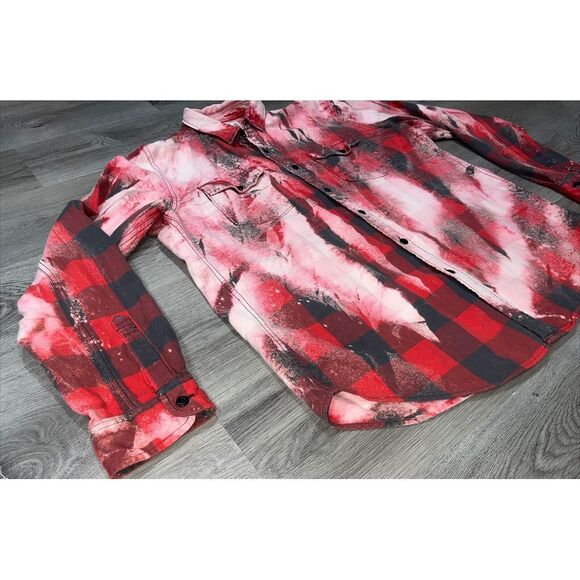 Franklin Flannels Shirts Size L Red Plaid Bleach Button Up Long Sleeve Upcycled - Picture 4 of 10
